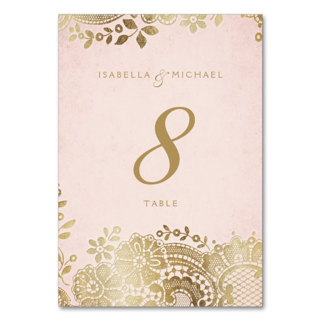 Gold blush elegant lace wedding table card (Front)