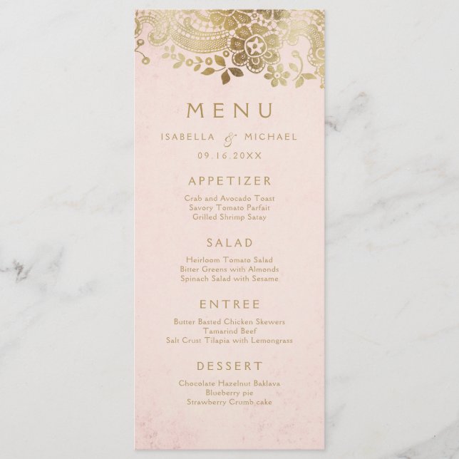 Gold blush elegant vintage lace wedding menu (Front)