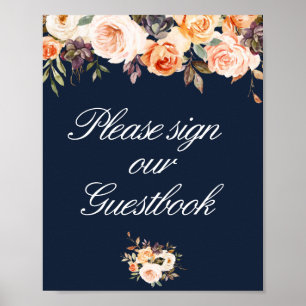 gold blush floral navy wedding guestbook sign