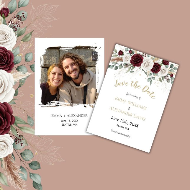 Gold Blush Floral Photo Save the Date Card (Burgundy Blush Floral Gold Wedding Save the Date)
