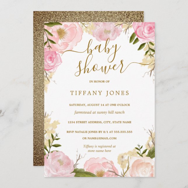 Gold Blush Floral Watercolor Girl Baby Shower Invitation (Front/Back)