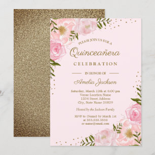 Gold Blush Floral Watercolor Quinceanera Invitation
