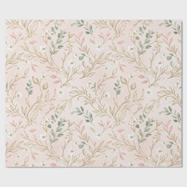 Gold Blush Floral Wedding Wrap Wrapping Paper (Flat)