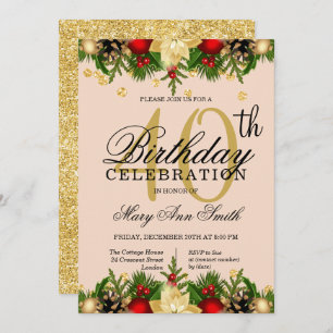 Gold & Blush Holiday Glitter 40th Birthday Party Invitation
