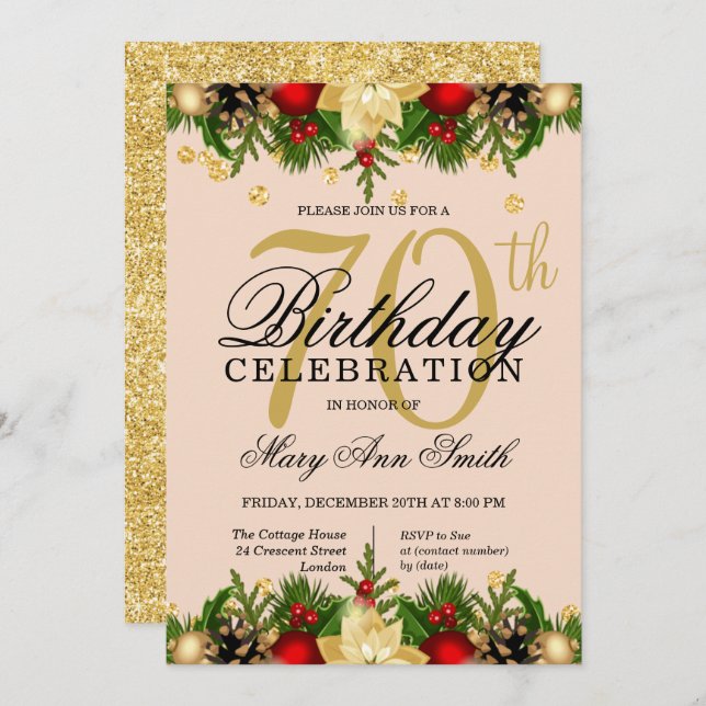 Gold & Blush Holiday Glitter 70th Birthday Party Invitation (Front/Back)