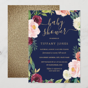 Gold Blush Navy Floral Baby Shower Invite