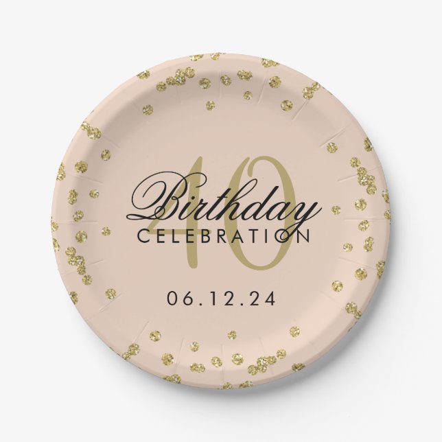 Gold Blush Pink 40th Birthday Glitter Confetti Paper Plate (Front)