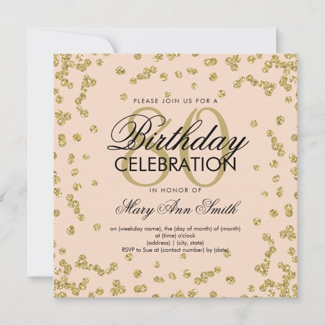 Gold Blush Pink 80th Birthday Glitter Confetti Invitation (Front)