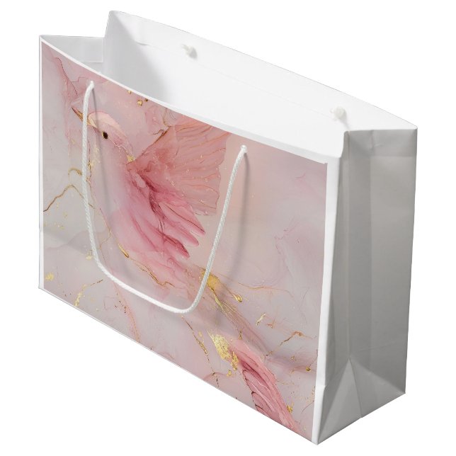 Gold Blush Pink Birds Baby Shower Large Gift Bag (Front Angled)