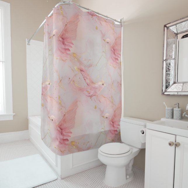 Gold Blush Pink Birds  Shower Curtain (In Situ)