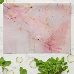 Gold Blush Pink Birds  Tea Towel