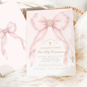 Gold Blush Pink Bow First Holly Communion Invitation