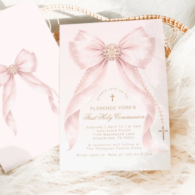 Gold Blush Pink Bow First Holly Communion Invitation (Creator Uploaded)