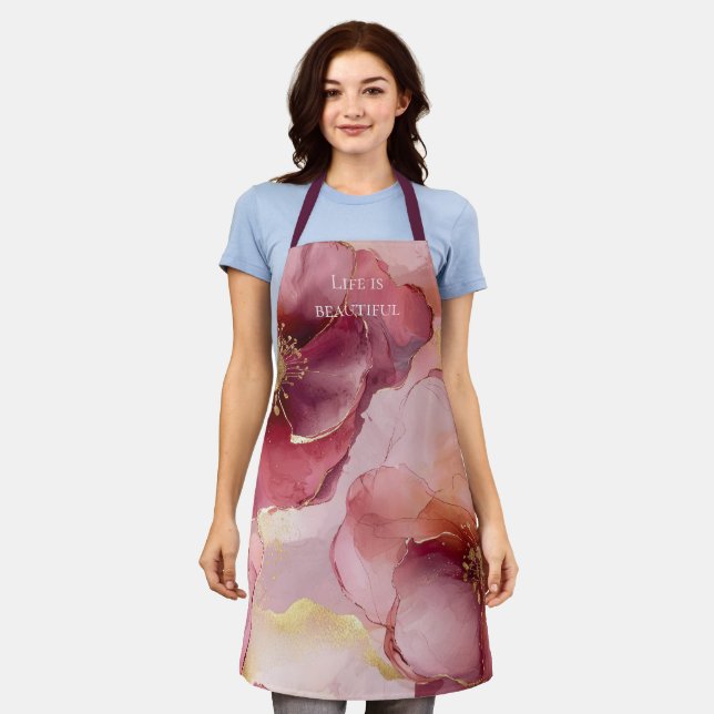 Gold Blush Pink Burgundy Floral  Apron (Worn)