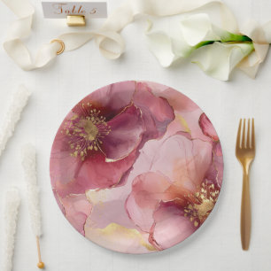 Gold Blush Pink Burgundy Floral Bridal Shower Paper Plate