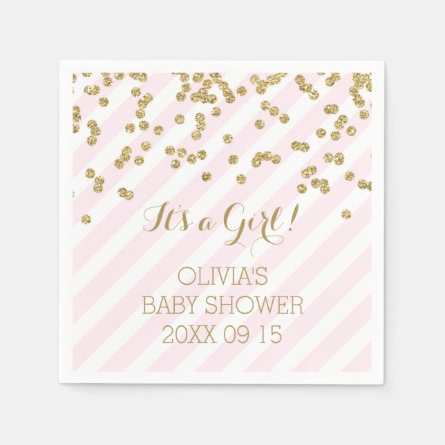 Gold Blush Pink Confetti Stripes Baby Shower Napkin (Front)