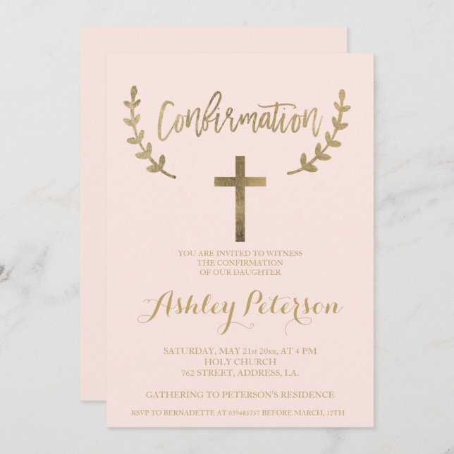 Gold blush pink elegant typography confirmation invitation (Front/Back)