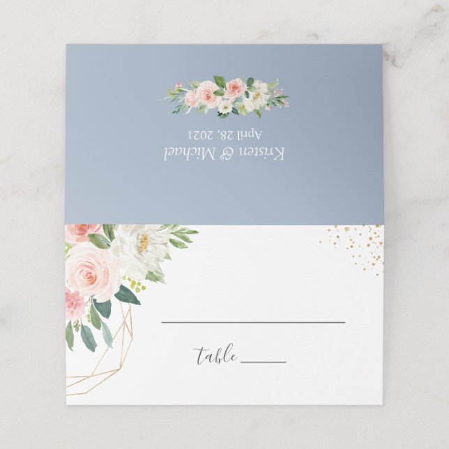 Gold Blush Pink Floral Dusty Blue Wedding Place Card (Outside Unfolded)