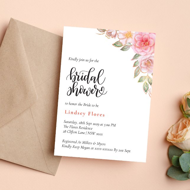 Gold Blush Pink Floral Greenery Bridal Shower Invitation (Creator Uploaded)