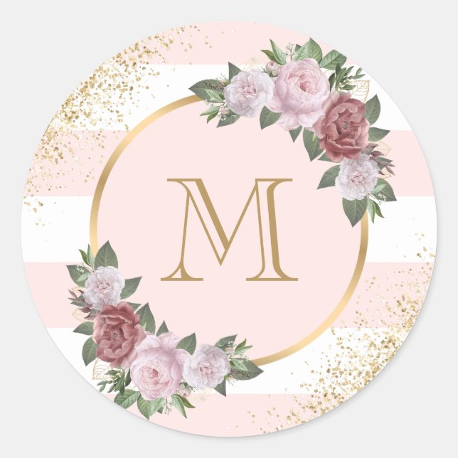 Gold Blush Pink Floral Monogram Classic Round Sticker (Front)