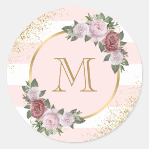 Gold Blush Pink Floral Monogram Classic Round Sticker