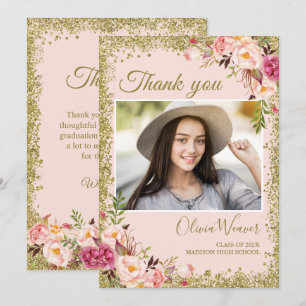 Gold Blush Pink Floral Photo Graduation Thank You Invitation
