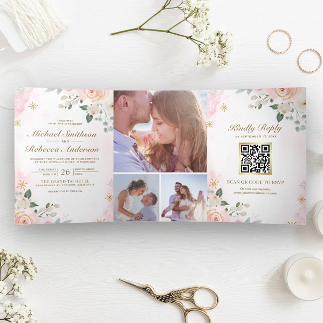 Gold Blush Pink Floral Photo QR Code Wedding Tri-Fold Invitation (Creator Uploaded)