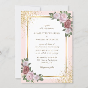 Gold Blush Pink Frame Confetti Floral Wedding Invitation