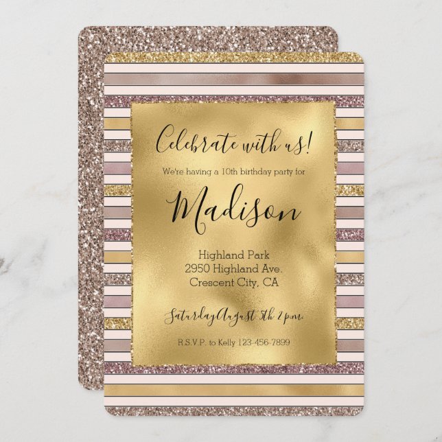 Gold Blush Pink Glitter Glitzy Stripes Invitation (Front/Back)