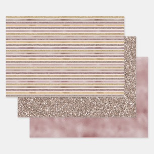Gold Blush Pink Glitter Glitzy Stripes Wrapping Paper Sheet