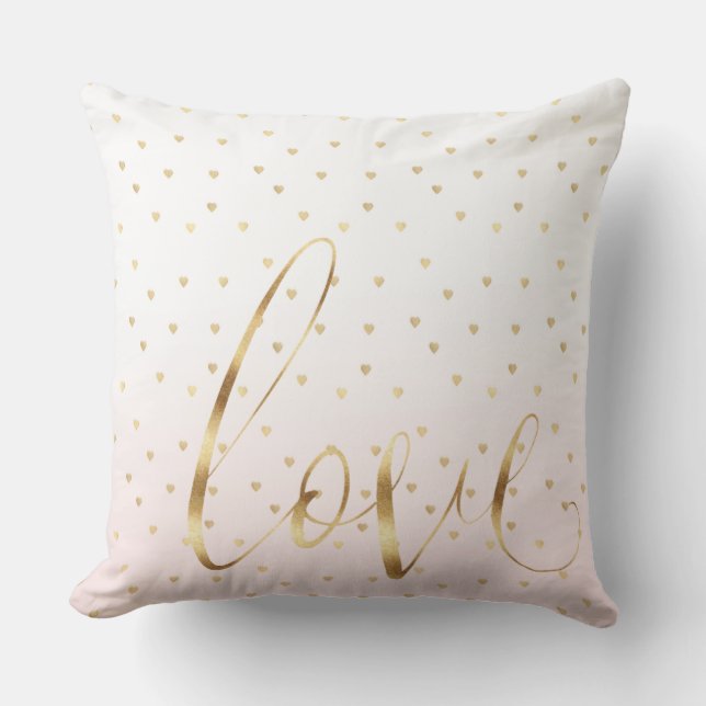 Gold Blush Pink Hearts Love Ombre Cushion (Front)