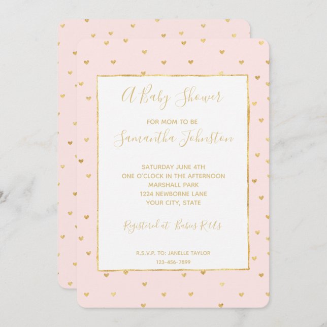 Gold Blush Pink Little Hearts Baby Shower Invitation (Front/Back)