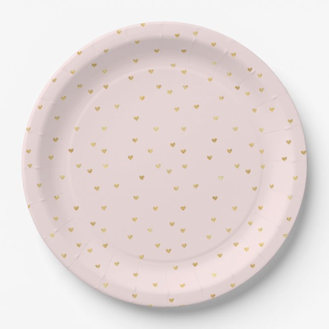 Gold Blush Pink Little Hearts Paper Plate (Front)