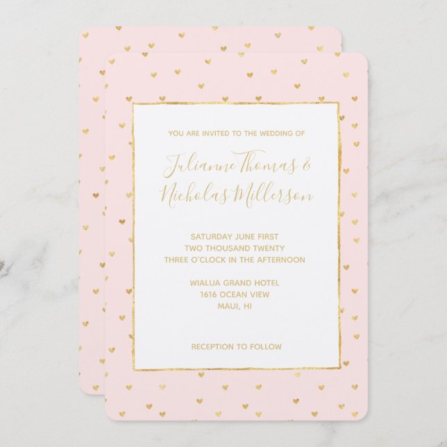 Gold Blush Pink Little Hearts Wedding Invites (Front/Back)