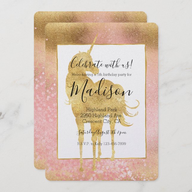 Gold Blush Pink Magical Unicorn Birthday Invitation (Front/Back)