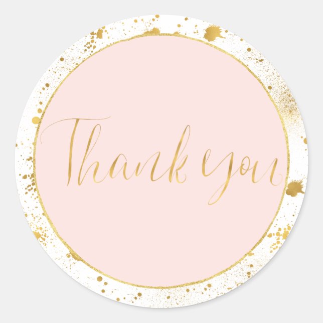 Gold Blush Pink Splatters Thank you Classic Round Sticker (Front)