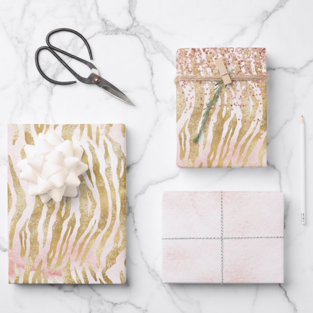 Gold Blush Pink Zebra Print    Wrapping Paper Sheet (Front)