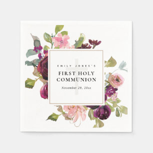 GOLD BLUSH RED ROSE FLORAL FIRST HOLY COMMUNION NAPKIN