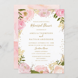 Gold Blush Rose Floral Wedding Rehearsal Dinner Invitation