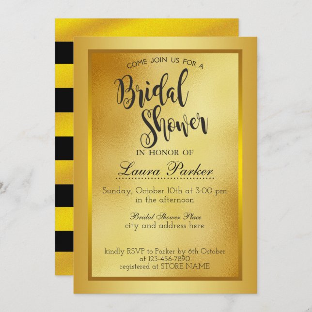 Gold Boarder Metal Bridal Shower Glitter Classic Invitation (Front/Back)