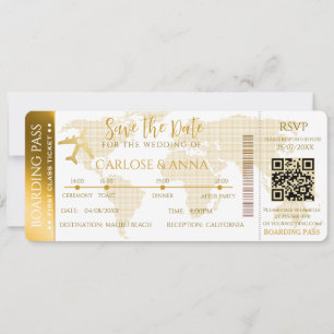 Gold Boarding Pass Destination Wedding QR code Invitation