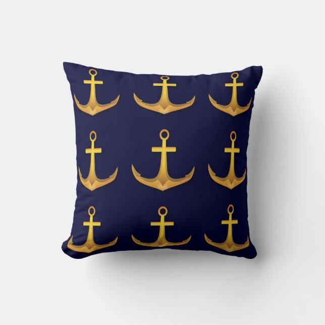 Gold Boat Ship Anchor Nautical Navy Blue Cushion (Front)