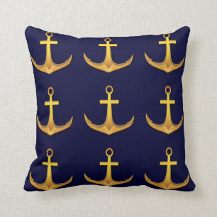 Gold Boat Ship Anchor Nautical Navy Blue Cushion