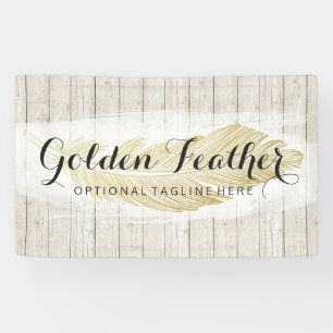Gold Bohemian Feather on Rustic Wood Boards Banner