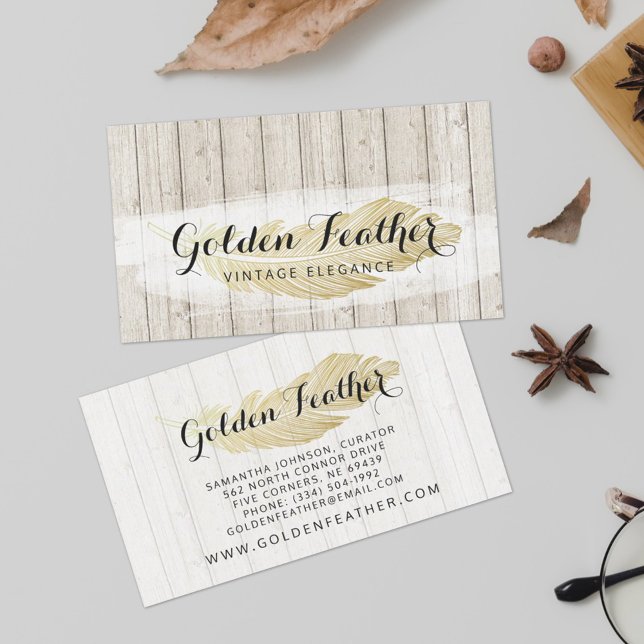 Gold Bohemian Feather on Rustic Wood Boards Business Card (Creator Uploaded)