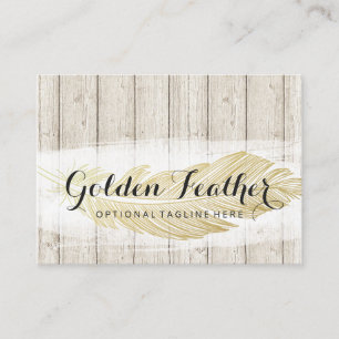 Gold Bohemian Feather on Rustic Wood Boards Business Card