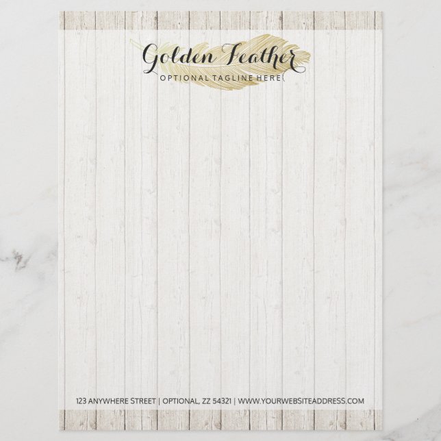 Gold Bohemian Feather on Rustic Wood Boards Personalised Letterhead (Front)