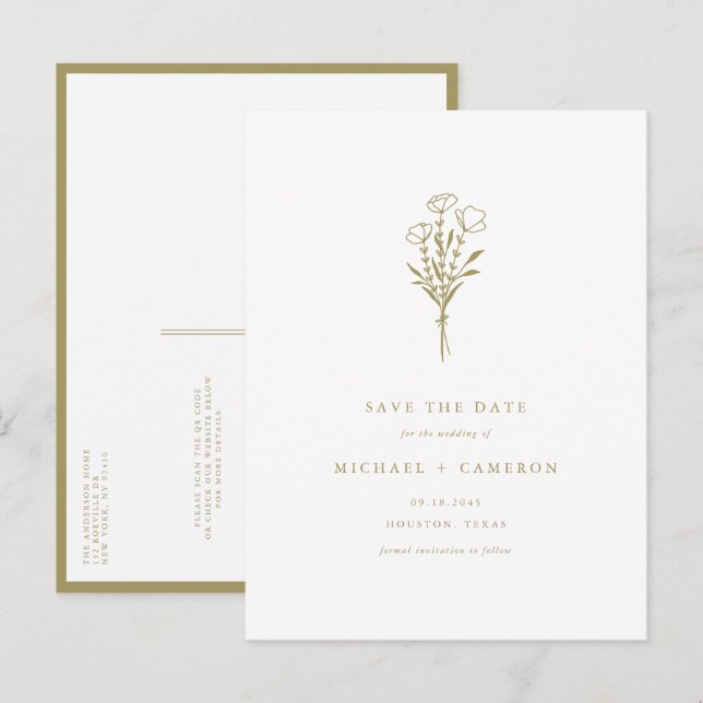 Gold Boho Botanical QR Code Save the Date Announcement Postcard (Front/Back)