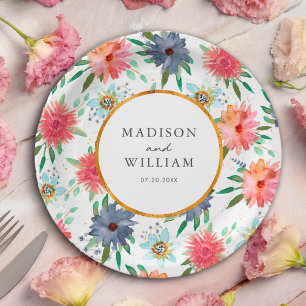 Gold Boho Chic  Whimsical Greenery Wildflower Paper Plate