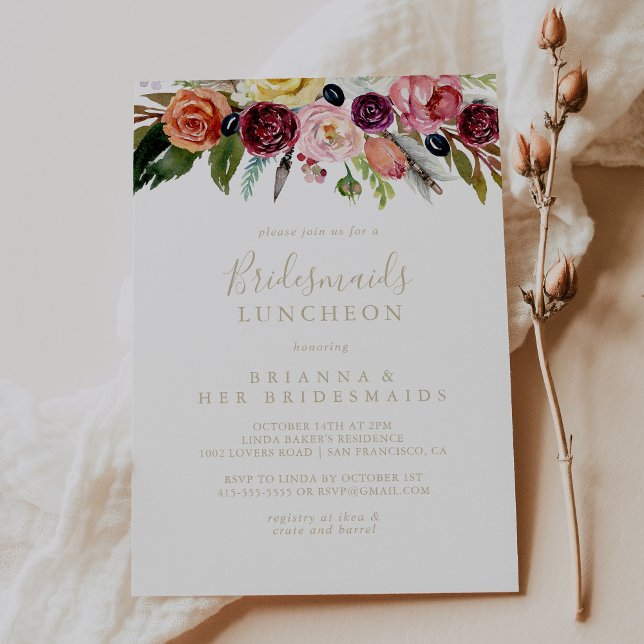 Gold Boho Floral Bridesmaids Luncheon Shower   Invitation (Creator Uploaded)